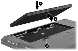 2. Helyezze az akkumulátort (1) az akkumulátorrekeszbe, majd forgassa lefelé (2), amíg a helyére nem kattan. Az akkumulátorkioldó zár (3) automatikusan zárja az akkumulátort.