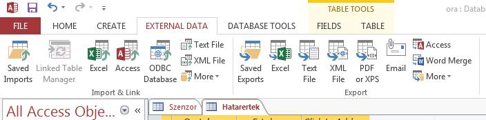 Ezen kívül lehetőségünk van adatok importálására és exportálására Excel fájlokból, ill. fájlokba. Ezeket az opciókat az External Data fülön érthetjük el.