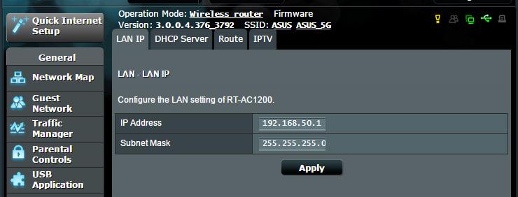 4.2 LAN 4.2.1 LAN IP A LAN IP képernyő lehetővé teszi a vezeték nélküli router LAN IP beállításainak módosítását. MEGJEGYZÉS: A LAN IP-cím bármilyen módosítása tükröződik a DHCP beállításokon.