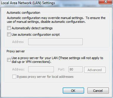 3. A Local Area Network (LAN) Settings (Helyi hálózati [LAN] beállítások) képernyőn szüntesse meg a Use a proxy server for your LAN (Proxykiszolgáló használata a