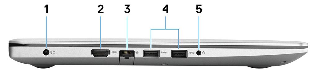 3 Biztonságikábel-nyílás (ék alakú) Bal Egy biztonsági kábelt csatlakoztatva előzheti meg a számítógép eltulajdonítását. 1 Tápadapterport A gép tápellátásához csatlakoztasson egy adaptert.