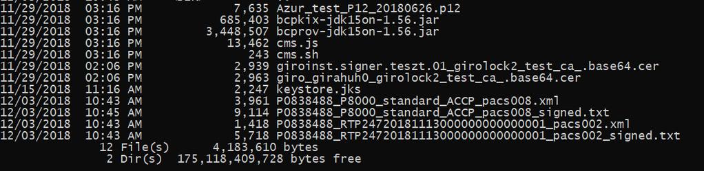 GIROInstant Elektronikus aláírási útmutató 97/115 bcpkix-jdk15on-1.56.jar bcprov-jdk15on-1.56.jar Script működéséhez szükséges cryptolib-et tartalmazó állományok. Azur_test_P12_20180626.