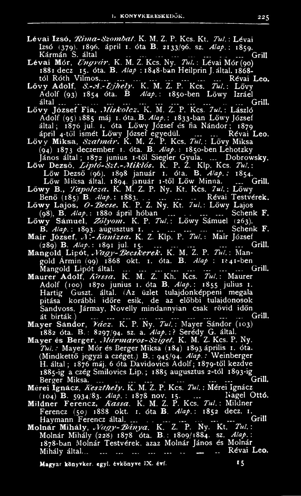 B Alap. : 1850-ben Löwy Izráel által............. Grill. L ő vy Jó z se f Fia, M is k o lc z. K. M. Z. P. Kcs. 7u l.: László Adolf (95)1885 máj 1. óta. B. Alap.: 1833-ban Lőwy József által; 1876 jul.