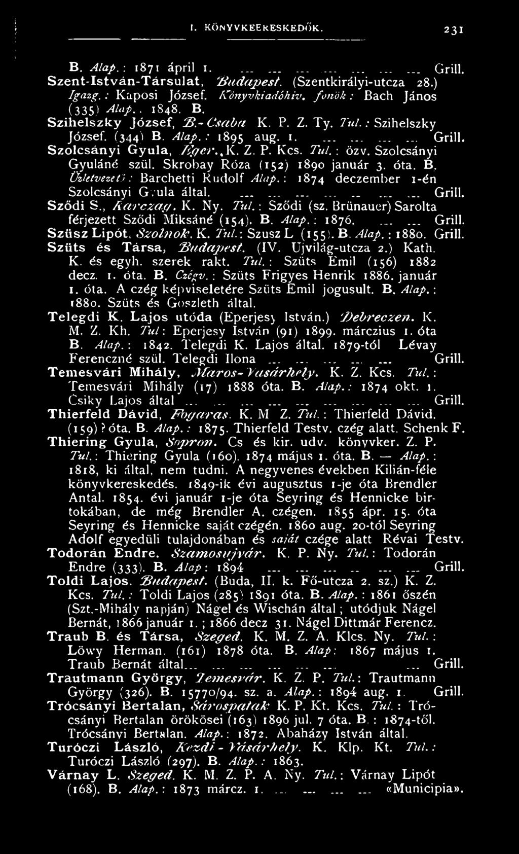 Z. P. Kcs. Túl, : özv. Szolcsányi Gyuláné szül. Skrobay Róza (152) 1890 január 3. óta. B, Üzletvezető: Barchetti Rudolf A lap.: 1874 deczember i-én Szolcsányi Gyula által........_. Grill. Sződi S.