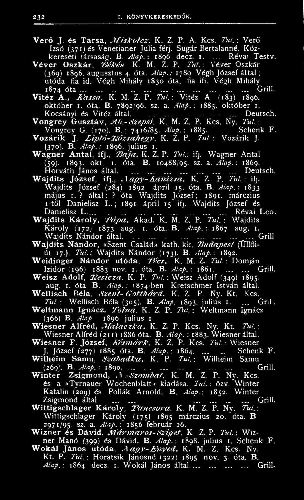 ........ Grill. Vitéz A., JT a ssa. K. M. Z. P. T ú l.: Vitéz A (183) 1896. október 1. óta. B. 7892/96. sz. a. Alap. : 1885. október 1. Kocsányi és Vitéz által............. Deutsch.