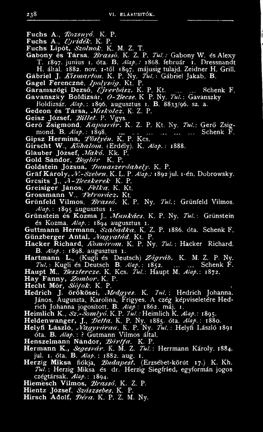 : Gábriel Jakab. B. G a g e l F e re n c z n é, Ip o ly s á g. K t. P. G a r a m s z ö g i D e z ső, U jv e rb á sz. K. P. Kt....... Schenk F. G a v a n s z k y B o ld iz s á r, O -P ecse. K P. Ny.