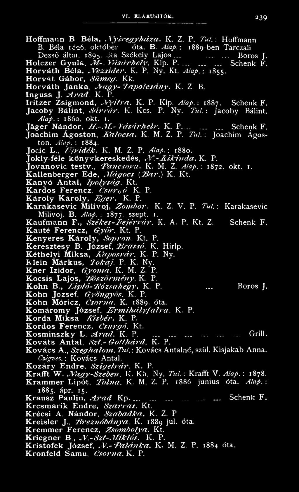 H o r v á t h J a n k a, JV a g y - T á p o l c s á n y. K. Z. B. I n g u s s J. A r a d. K. P. I r i t z e r Z s ig m o n d, N y ílr a. K. P. Klp. Alap.: 1887. Schenk F.