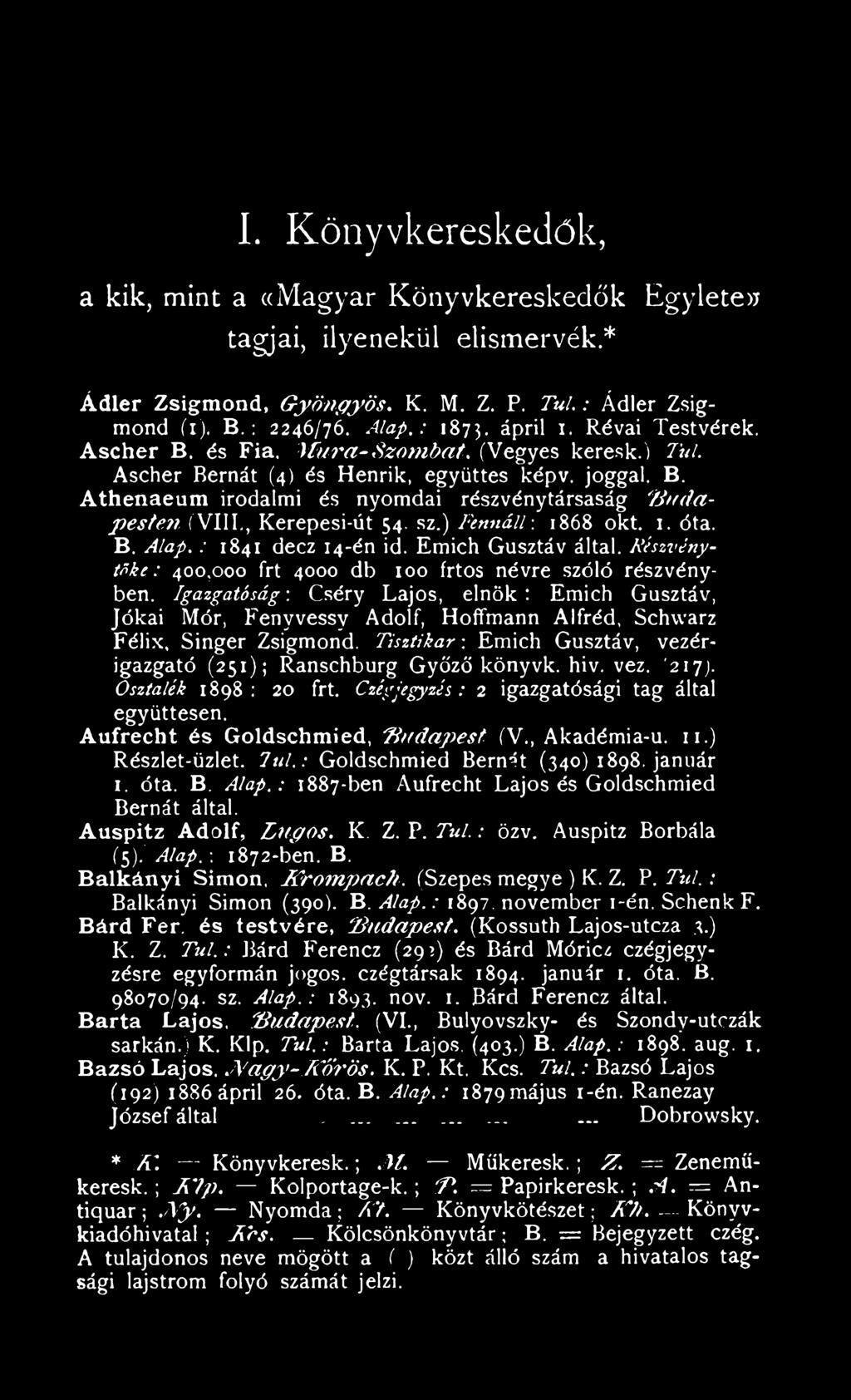 , Kerepesi-út 54. sz.) Fennáll'. 1868 okt. 1. óta. B. Alap. : 1841 decz 14-én id. Emich Gusztáv által. Részvénytőke: 400,000 frt 4000 db 100 frtos névre szóló részvényben. Igazgatóság'.