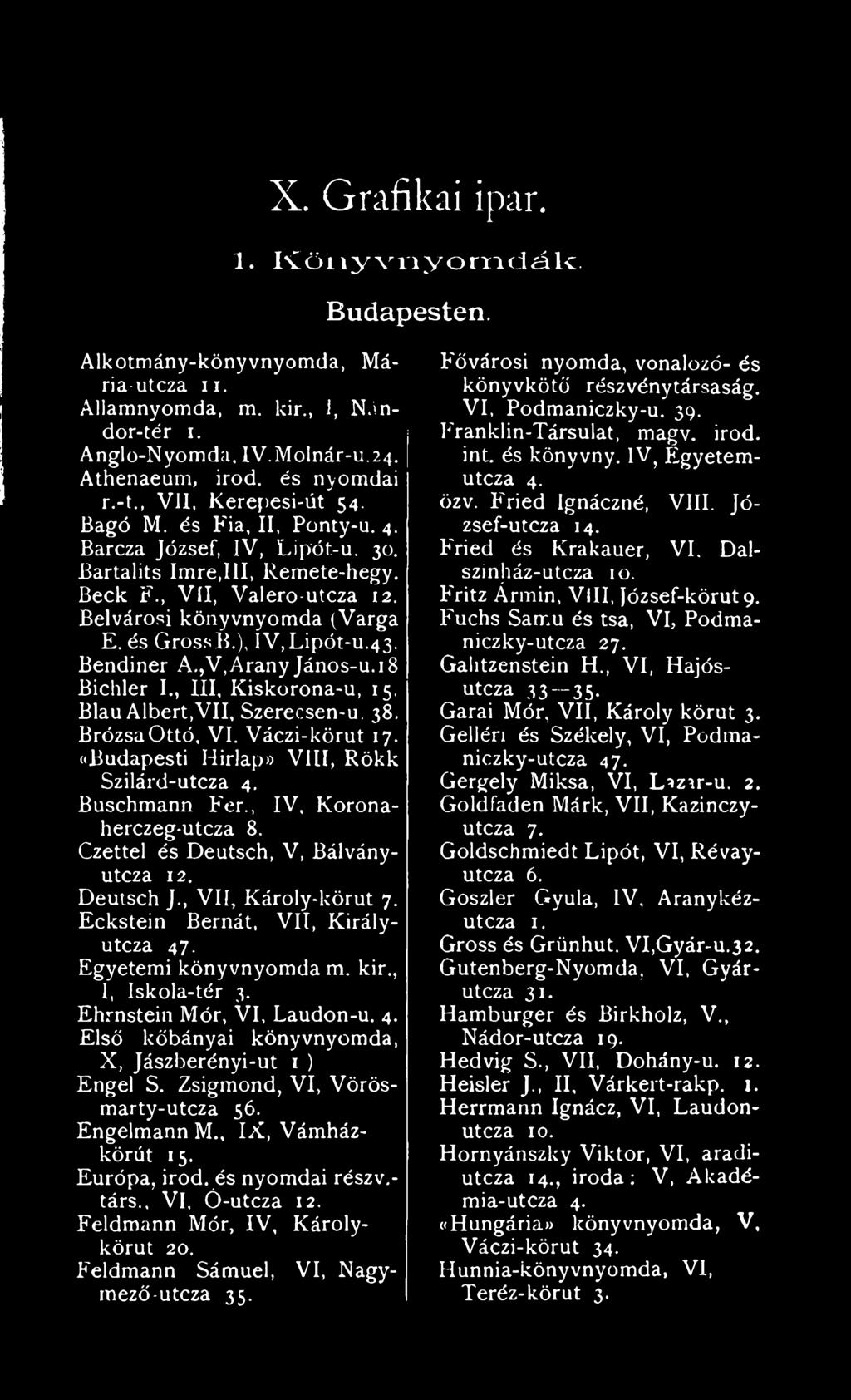 ,V,Arany János-u.18 Bichler I., III, Kiskorona-u, 15. Blau Albert,VII, Szerecsen-u. 38. BrózsaOttó, VI. Váczi-körut 17. ((Budapesti Hírlap» VIII, Rökk Szilárd-utcza 4. Buschmann Fér.
