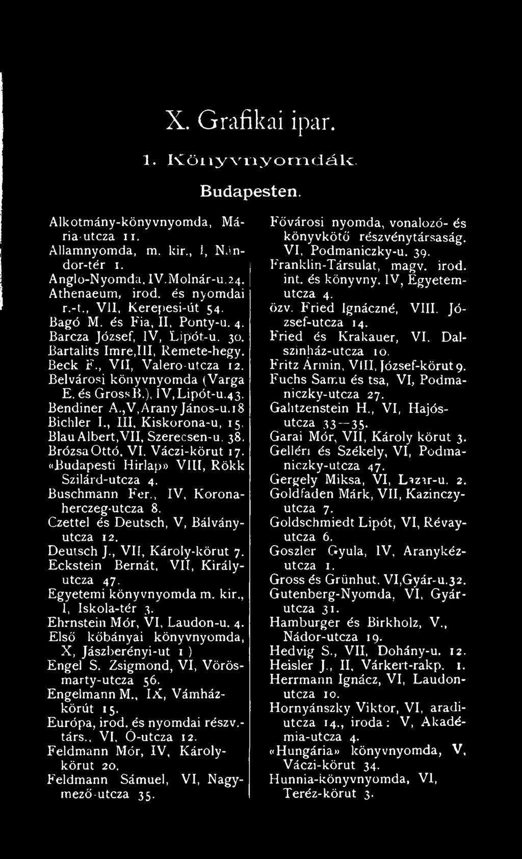 ,V,Arany János-u.18 Bichler I., III, Kiskorona-u, 15. Blau Albert,VII, Szerecsen-u. 38. BrózsaOttó, VI. Váczi-körut 17. ((Budapesti Hírlap» VIII, Rökk Szilárd-utcza 4. Buschmann Fér.