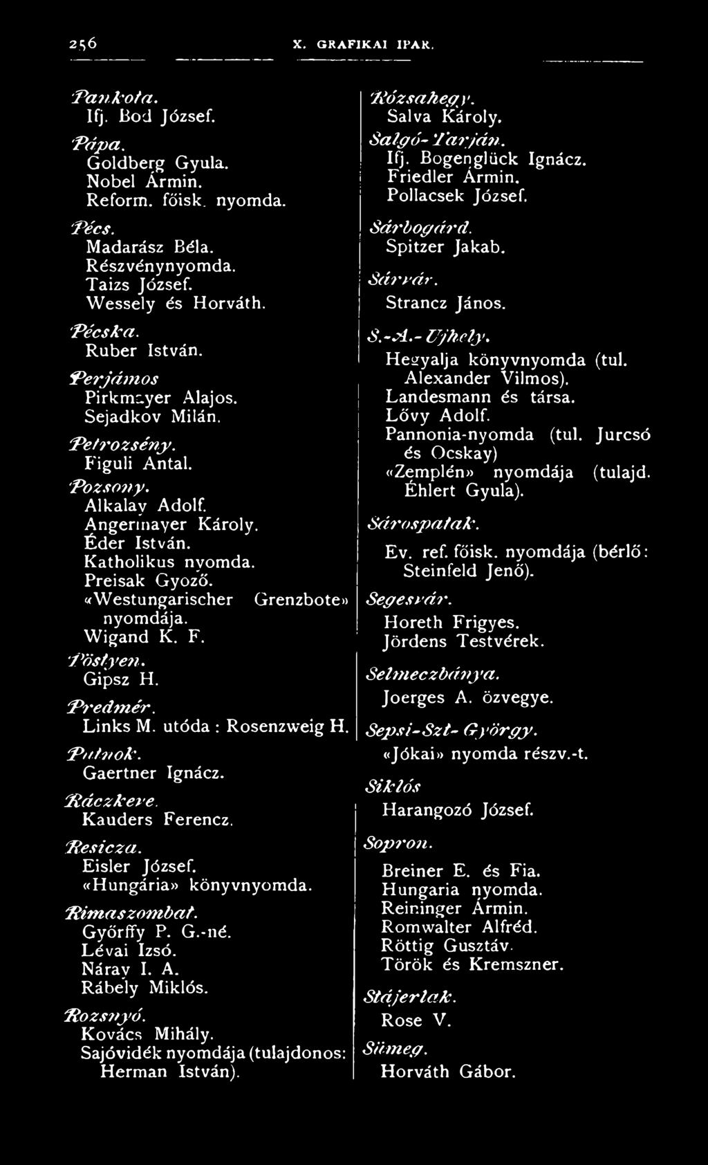 «Westungarischer Grenzbote» nyomdája. Wigand K. F. P ö s ty e n. Gipsz H. P r e d m é r. Links M. utóda : Rosenzweig H. P a tn o k. Gaertner Ignácz. P á c z k e v e. Kauders Ferencz. P e s ic z a.