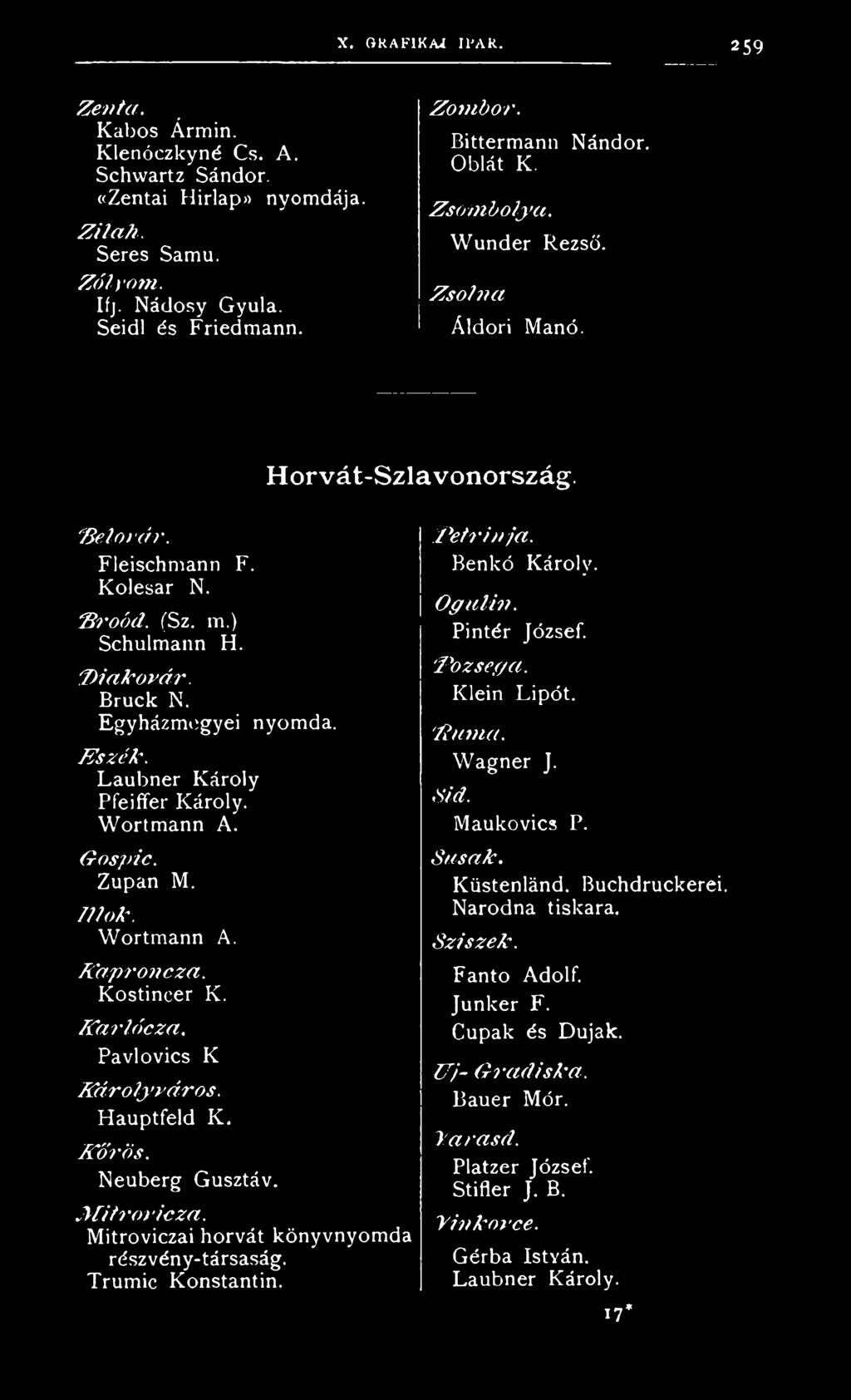 Egyházmegyei nyomda. E s z é k. Laubner Károly Pfeiffer Károly. Wortmann A. G o sp ic. Zupán M. Illő k. Wortmann A. K a p ro n c z a. Kostincer K. K a r lé c za. Pavlovics K K á r o ly r á r o s.