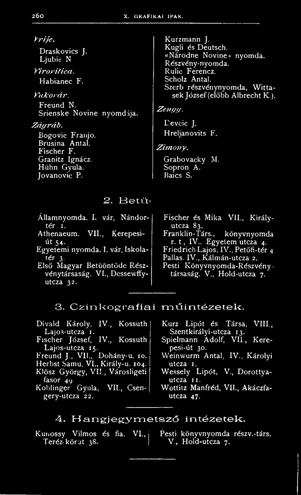 Hreljanovits F. Z im o v y. Grabovacky M. Sopron A. Baics S. 2. 13etüi< Államnyomda. I. vár, Nándortér i. Athenaeum. VII., Kerepesiét 54. Egyetemi nyomda. I. vár, Iskolatér 3.