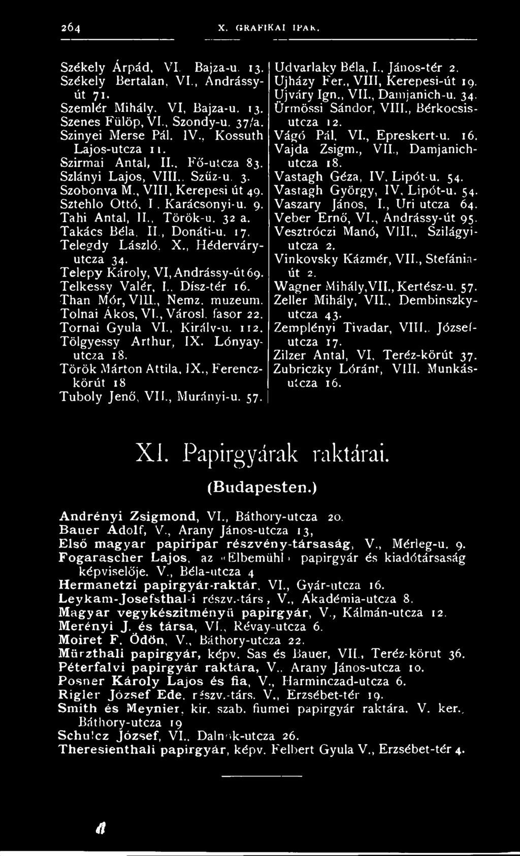 Takács Béla, II., Donáti-u. 17. Telegdy László, X., Héderváryutcza 34. Telepy Károly, VI, Andrássy-útÓ9. Telkessy Valér, I., Dísz-tér 16. Than Mór, Vili., Nemz. muzeum. Tolnai Ákos, VI.