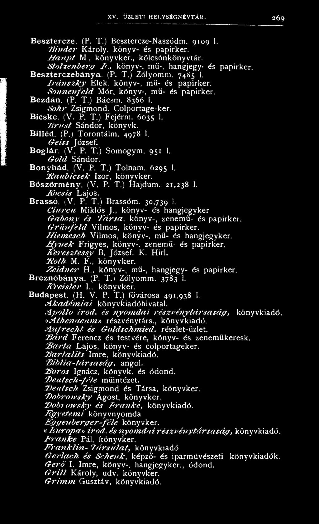 S o h r Zsigmond. Colportage-ker. Bicske. (V. P. T.) Fejérm. 6035 1. B ru s t Sándor, könyvk. Billéd. (P.j Torontálm. 4978 1. G eiss József. Boglár. (V. P. T.) Somogym. 951 1. G old Sándor. Bonyliád.