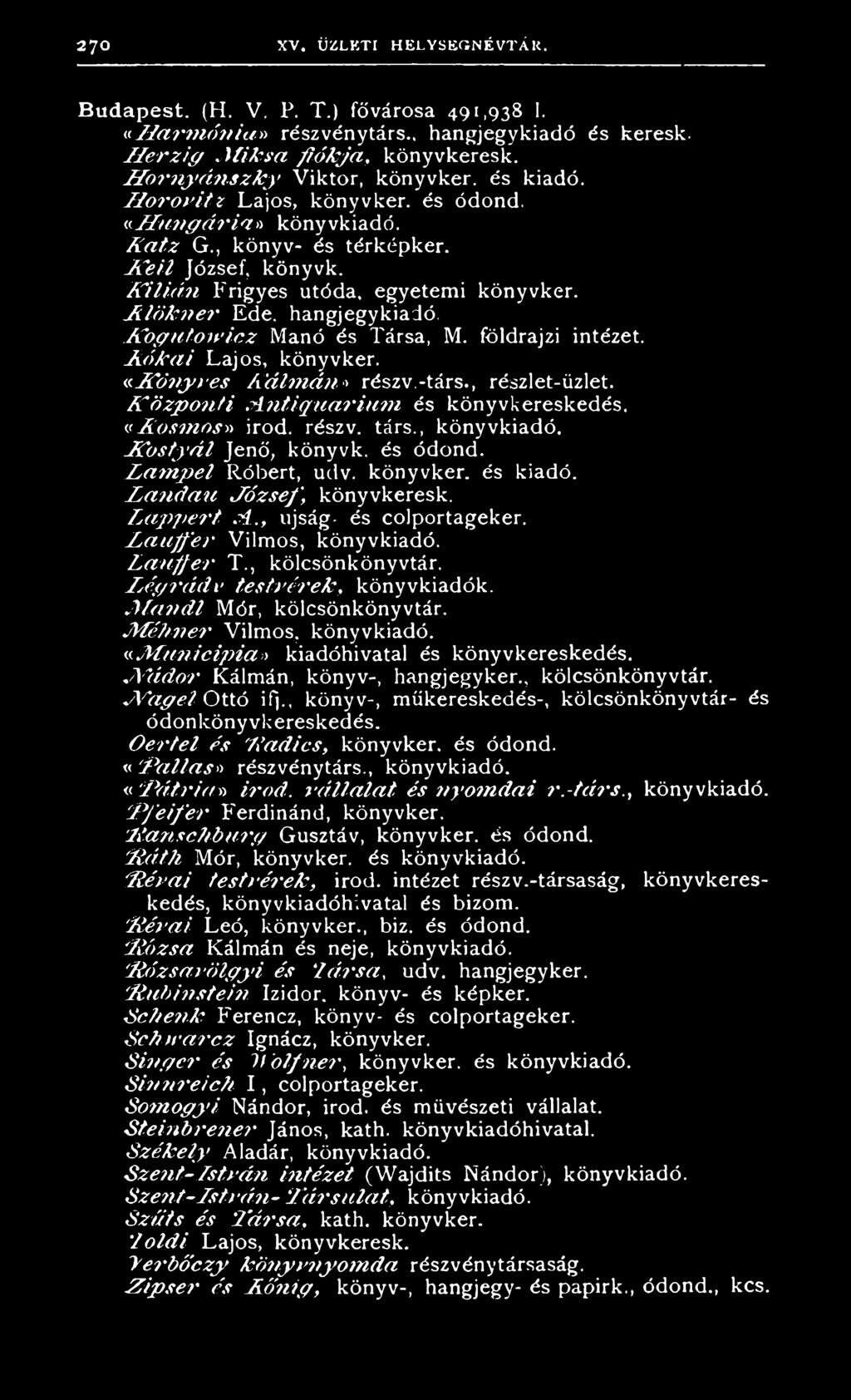 K iliá n Frigyes utóda, egyetemi könyvker. R lö tcn er Ede, hangjegykiadó. K o g u to w icz Manó és Társa, M. földrajzi intézet. R ó k á i Lajos, könyvker. «K ö n y v e s K á lm á n * részv.-társ.