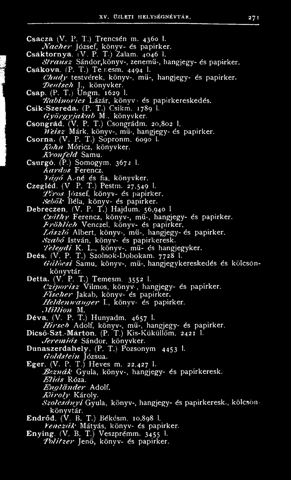 1629 1. IR a b in o vic s Lázár, könyv- és papirkereskedés, Csik-Szereda. (P. T.) Csikm. 1789 1. G y ö )'g y ja k a b M.. könyvker. Csongrád. (V. P. T.) Csongrádm. 20,802 1. W eisz Márk.