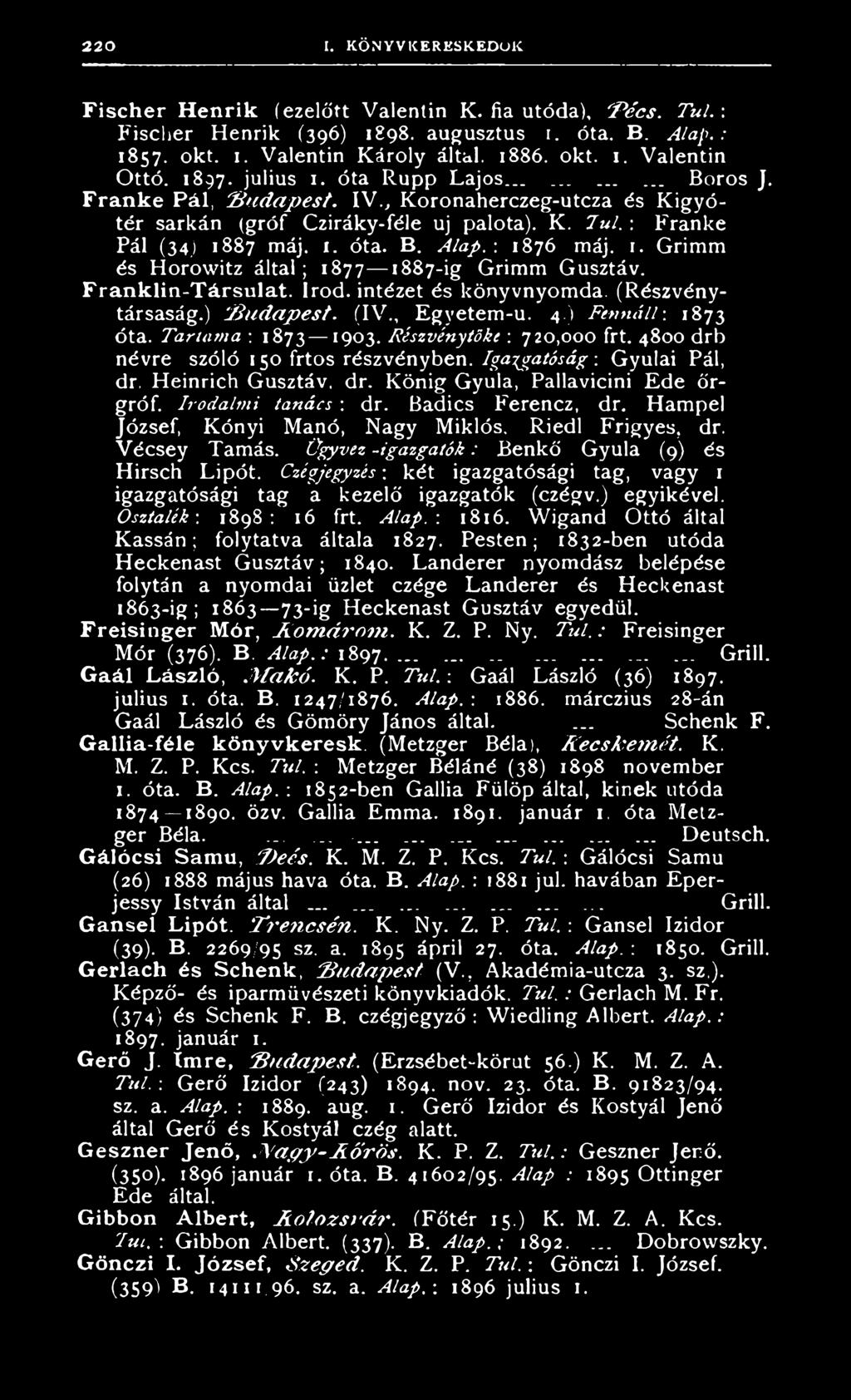 : 1876 máj. 1. Grimm és Horowitz által; 1877 1887-ig Grimm Gusztáv. Franklin-Társulat. írod. intézet és könyvnyomda. (Részvénytársaság.) B u d a p e s t. (IV., Egyetem-u. 4.) Fennáll: 1873 óta.