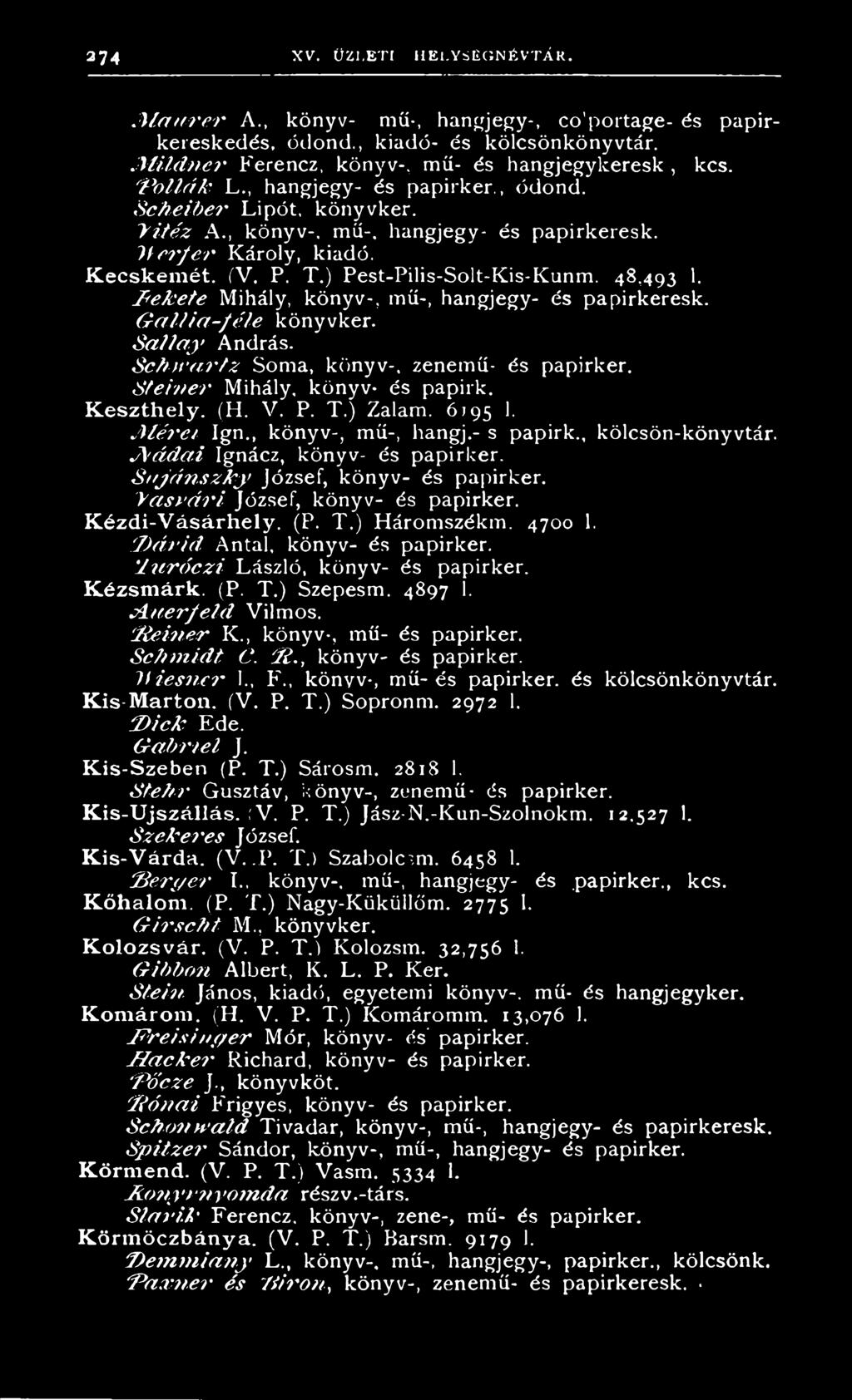 ) Pest-Pilis-Solt-Kis-Kunm. 48,493 1. J^e/cete Mihály, könyv-, mű-, hangjegy- és papirkeresk. G a llia - f é le könyvker. S a lla y András. S c h w a rtz Soma, könyv-, zenemű- és papirker.