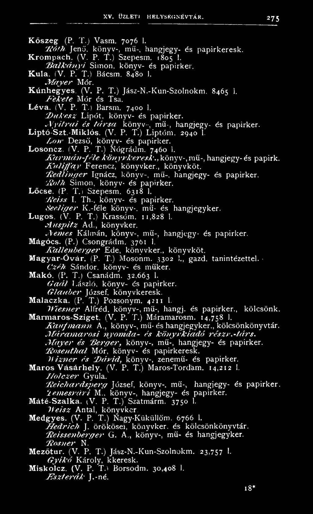 jv y it r a i és t á r s a könyv--, mű-, hangjegy- és papirker. Liptó-Szt.-Miklós. (V. P. T.) Liptóm. 2940 1. D ow Dezső, könyv- és papirker. Losoncz. (V. P. T.) Nógrádm. 7460 1. F a r m é?