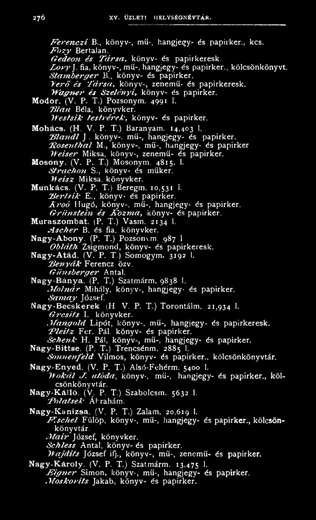 Modor. (V. P. T.) Pozsonym. 4991 1. B lau Béla, könyvker. Jfe s ts ík testv érek, könyv- és papirker. Mohács. (H. V. P. T.) Baranyam. 14,403 1. B la n d l J. könyv-, mű-, hangjegy- és papirker.