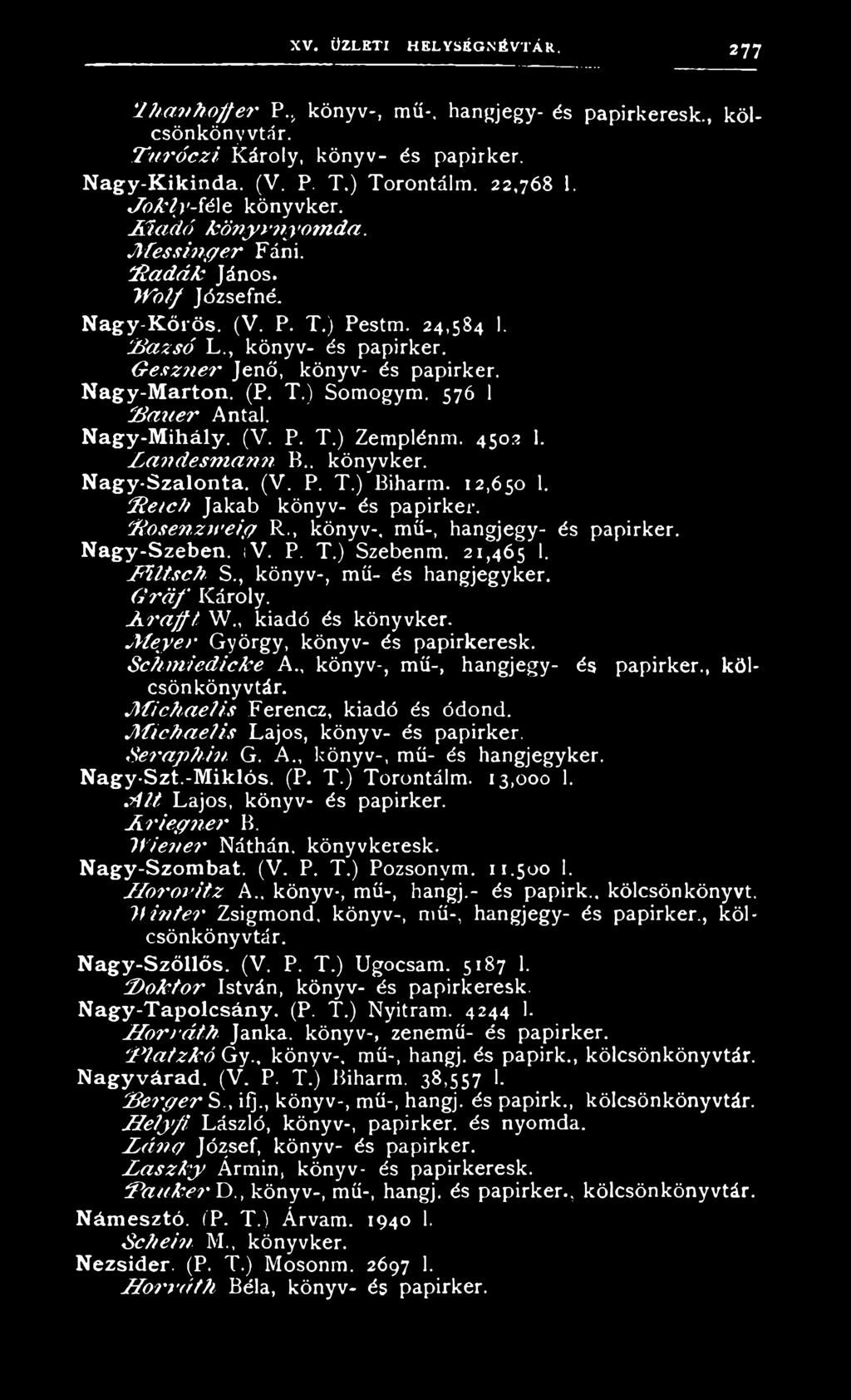 G eszn er Jenő, könyv- és papirker. Nagy-Marton. (P. T.) Somogym. 576 1 R a u e r Antal. Nagy-M ihály. (V. P. T.) Zemplénm. 4502 1. A andesm an?? B.. könyvker. Nagy-Szalonta. (V. P. T.) Biharm.