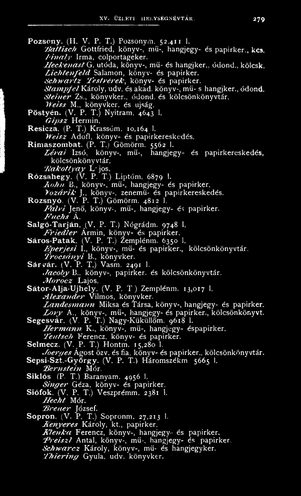 könyv-, mű- s hangjker., ódond. S tein er Zs., könyvkén, ódond. és kölcsönkönyvtár. JVeiss M., könyvkén és újság. Pöstyén. (V. P. T.) Nyitram. 4643 1. G ipsz Hermin. Resicza. (P. T.) Krassóm.