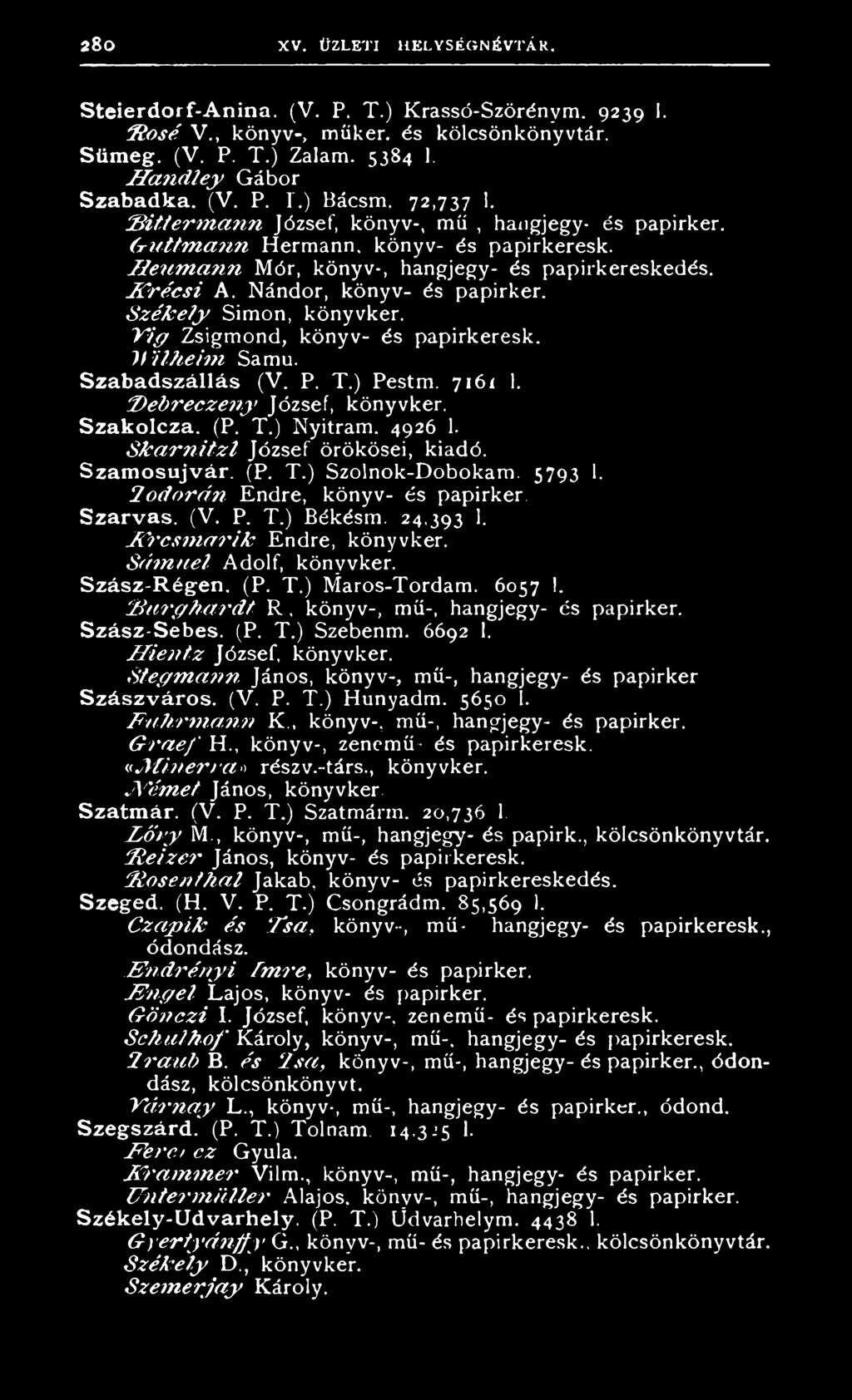 Nándor, könyv- és papirker. S z é k e ly Simon, könyvker. V íg Zsigmond, könyv- és papirkeresk. V ilh e im Samu. Szab ad szállás (V. P. T.) Pestm. 7161 1. R e b r e c z e n y József, könyvker.