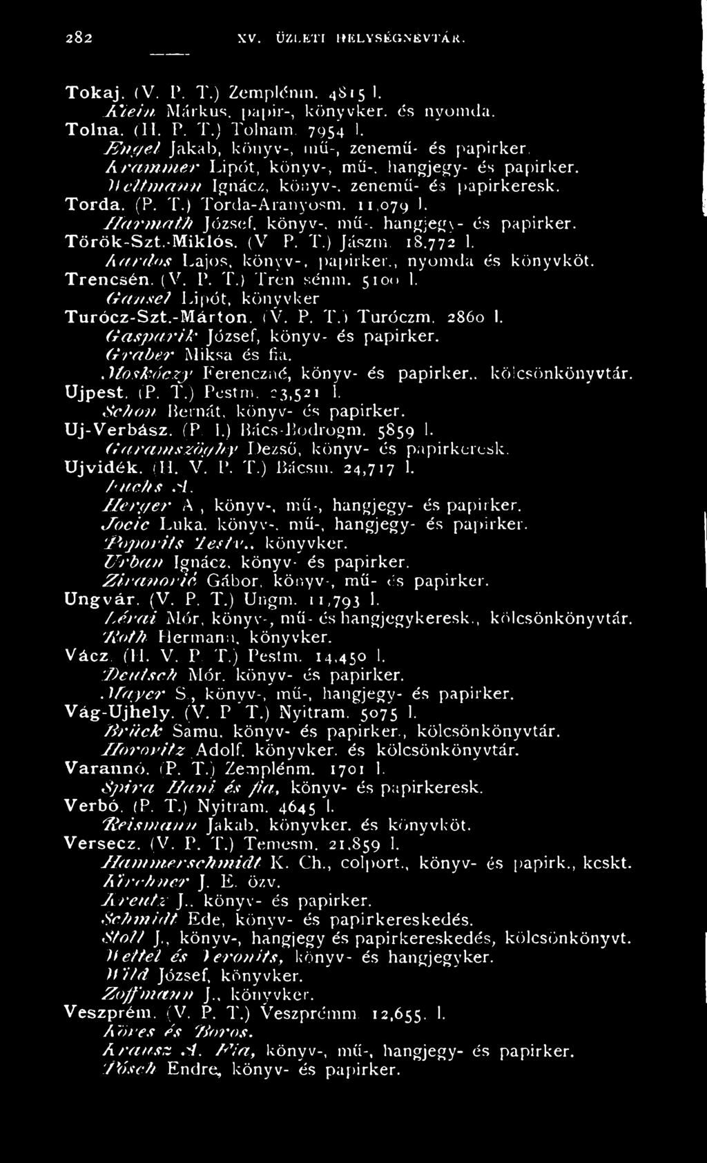 11,079 1* H a r m a th József, könyv-, mű-, hangjegy- és papirker. Török-Szt.-M iklós. (V P. T.) Jászrn. 18.772 1. Á a r d o s Lajos, könyv-, papirker., nyomda és könyvköt. Trencsén. (V. P. T.) Tren sénm.