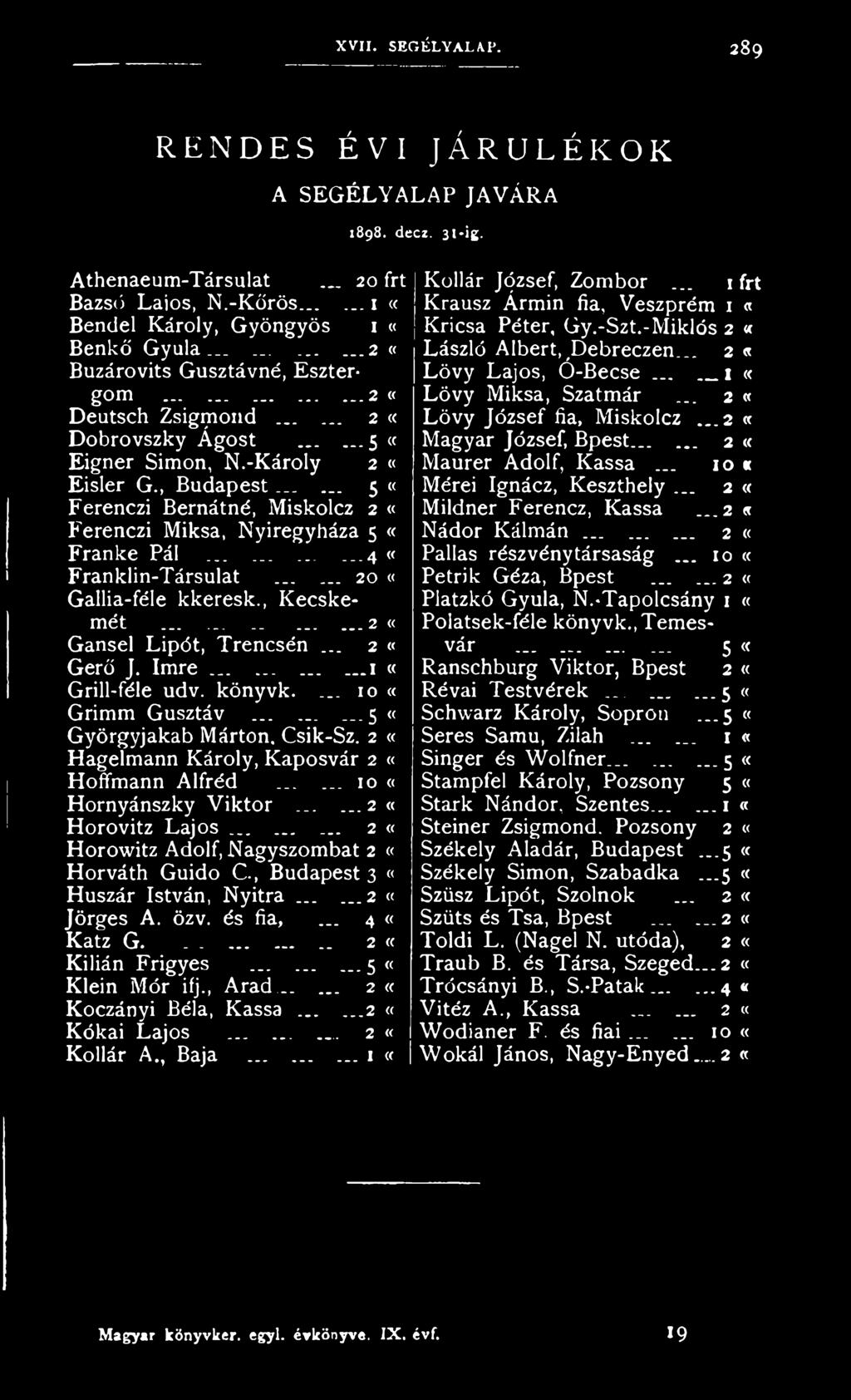 ...........4 «Franklin-Társulat...... 20 «Gallia-féle kkeresk., Kecskemét............... 2 «Gansel Lipót, Trencsén... 2 «Gerő J. Imre............i «Grill-féle udv. könyvk.... 10 a Grimm Gusztáv.