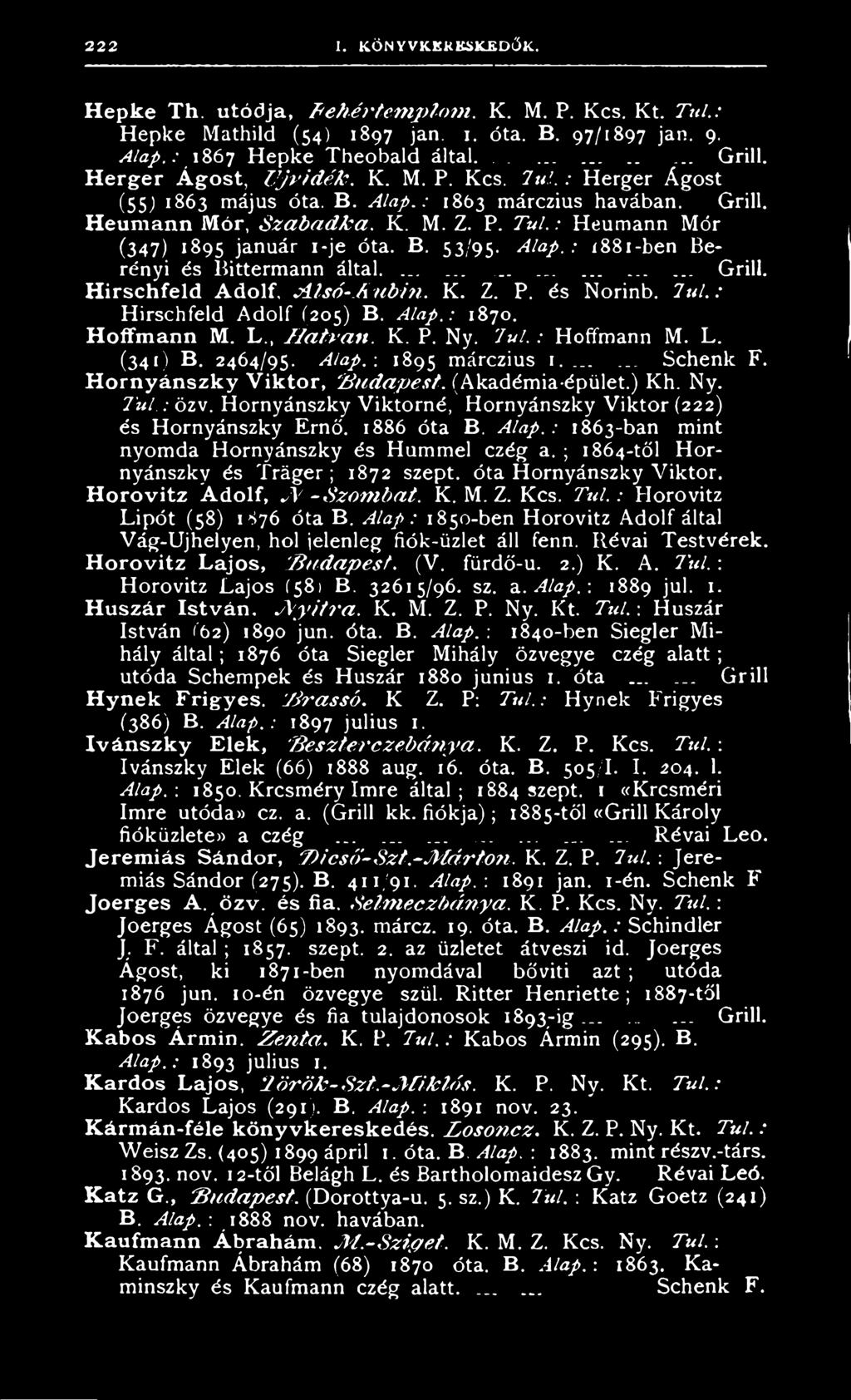 : Heumann Mór (347) 1895 január i-je óta. B. 53/95. Alap.: 1881-ben Berényi és Bittermann által...................... Grill. Hirschfeld Adolf, M só -A u b in. K. Z. P. és Norinb. l u l.