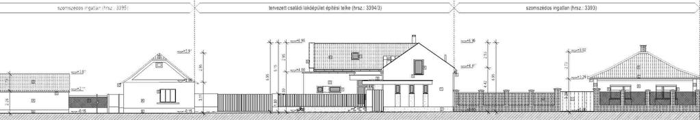 UTCAKÉP - EGYSZERŰ BEJELENTÉS a telek utcai telekhatárával párhuzamosan felvett hosszmetszet lejtésekkel; az építéssel érintett telek és a közvetlenül szomszédos ingatlanok jogi határai, a