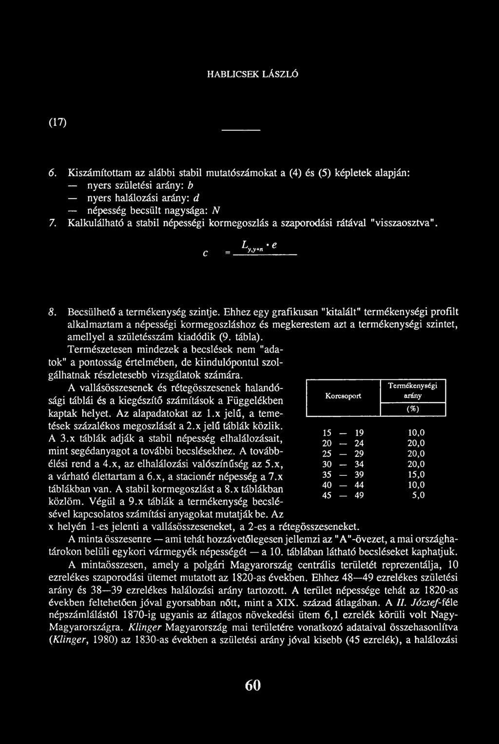 Ehhez egy grafikusan "kitalált" termékenységi profilt alkalmaztam a népességi kormegoszláshoz és megkerestem azt a termékenységi szintet, amellyel a születésszám kiadódik (9. tábla).