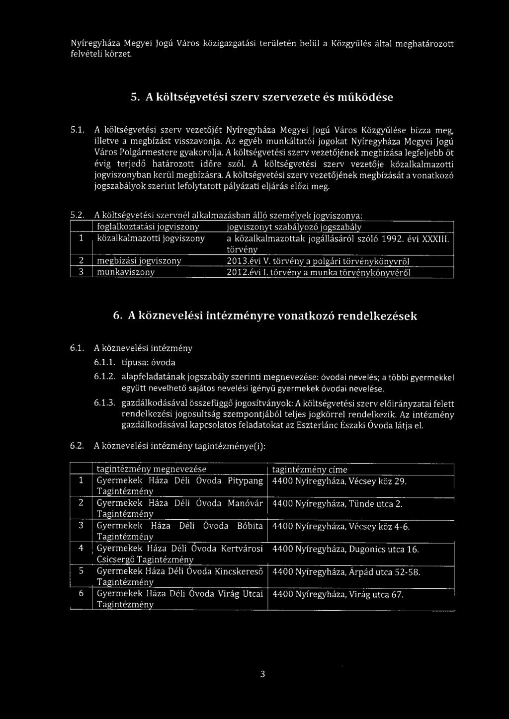 Az egyéb munkáltatói jogokat Nyíregyháza Megyei Jogú Város Polgármestere gyakorolja. A költségvetési szerv vezetőjének megbízása legfeljebb öt évig terjedő határozott időre szól.