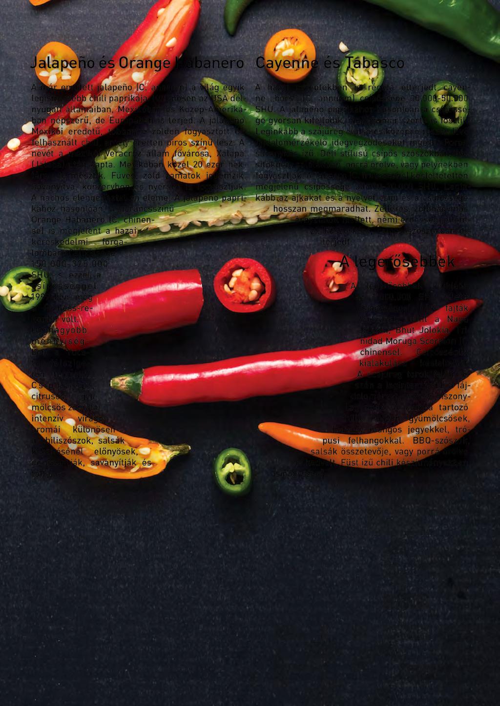 Jalapeño és Orange Habanero Cayenne és Tabasco A már említett jalapeño (C. annuum) a világ egyik legismertebb chili paprikája.
