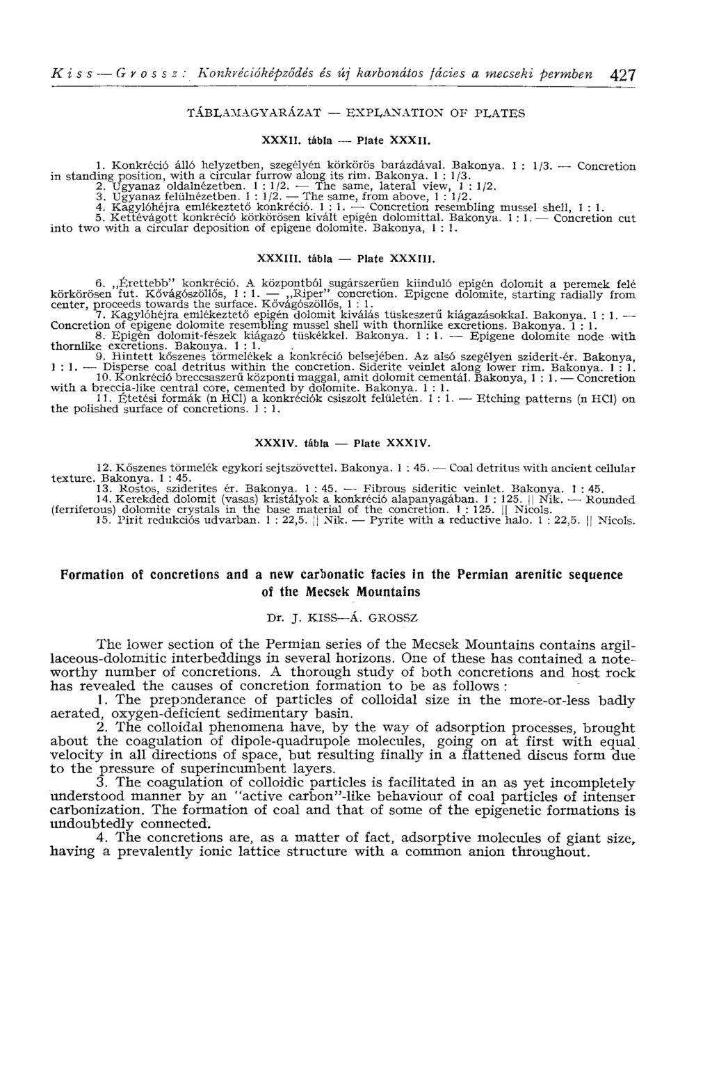 Kiss G у о s s г : Konkrécióképződés és új karbonátos fades a mecseki permben 427 TÁBLAJIAGYARÁZAT EXPLANATION OF PLATES XXXII. tábla Plate XXXII. 1.