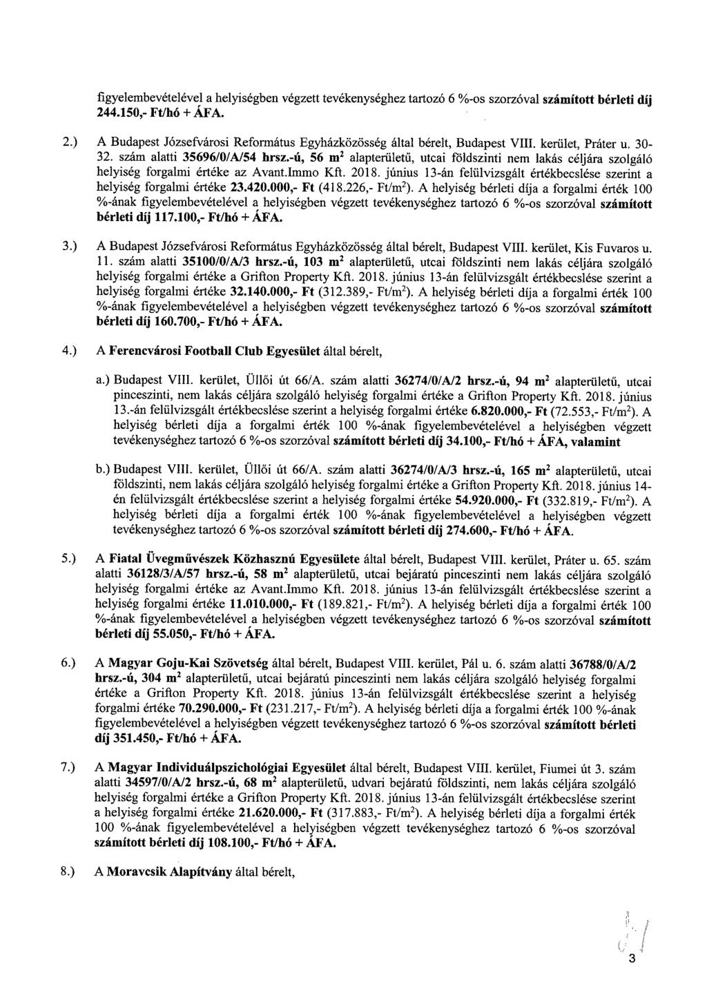 figyelembevételével a helyiségben végzett tevékenységhez tartozó 6 %-os szorzóval számított bérleti díj 244.150,- Ft/hó + ÁFA. 2.) A Budapest Józsefvárosi Református Egyházközösség által bérelt, Budapest VIII.