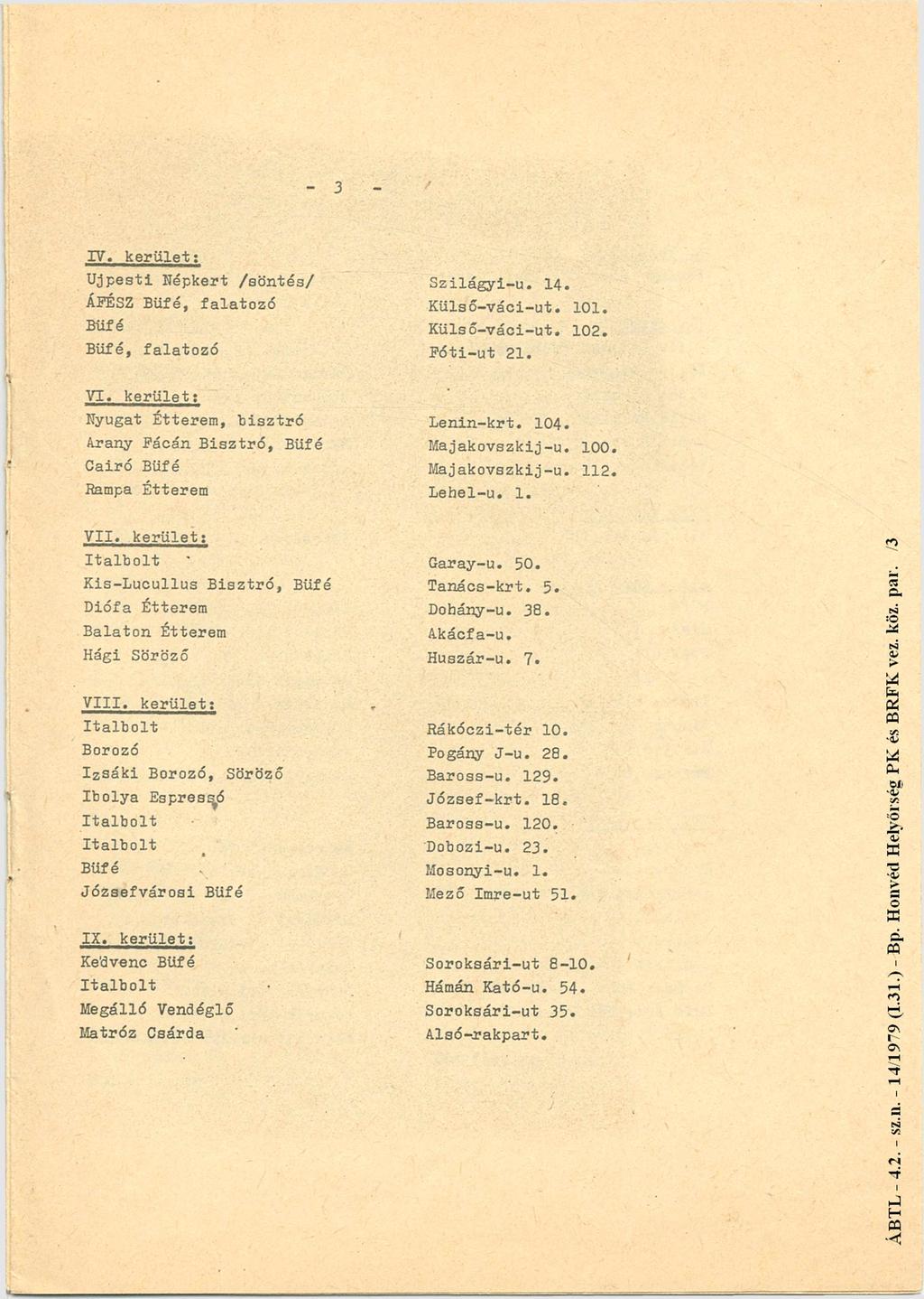 - 3 IV. kerület: Újpesti Népkert /söntés/ ÁFÉSZ, falatozó, falatozó Szilágyi-u. 14. Külső-váci-ut. 101. Külső-váci-ut. 102. Póti-ut 21. VI.