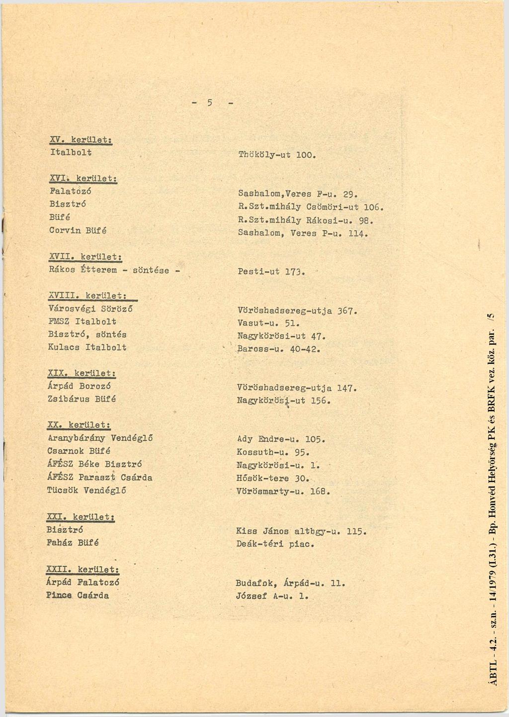 XV. kerület: Tbököly-ut 100. XVI; kerület: Falatozó Corvin Sasbalom,Veres F-u. 29. R.Szt.mihály Csömöri-ut 106. R.Szt.mibály Rákosi-u. 98. Sashalom, Veres P-u. 114. XVII.