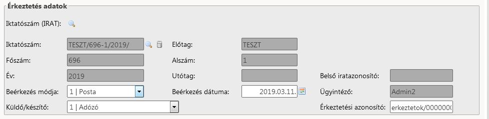 1.4 Érkeztetési adatok átemelése az IRAT szakrendszerből Az irat kiválasztása után automatikusan beemelésre