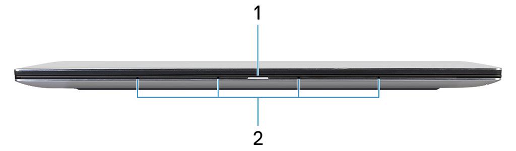 Az XPS 9380 különböző nézetei 3 Elöl 1 Bekapcsolás- és akkumulátorállapot-jelző fény A számítógép tápellátását és töltöttségi állapotát jelzi.