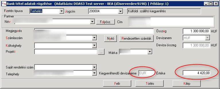 2.1.3 Eltérő devizájú bizonylatok kiegyenlítése Az alábbi ábrán látható, hogy ha HUF-ban vezetett bankszámláról egy devizás számlát egyenlítenek ki, a képernyőn megjelenik a kiegyenlítendő bizonylat