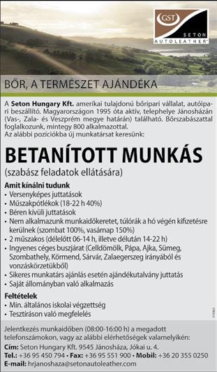 ) Építőiparban jártas segédmunkást keresek. Bérezés megegyezés szerint. Tel.: 06/30/616-5787 Novák- Bogdán Bau Kft. Szanyba keresünk nyugdíjas takarító hölgyet helyettesítő munkára, nettó 1.