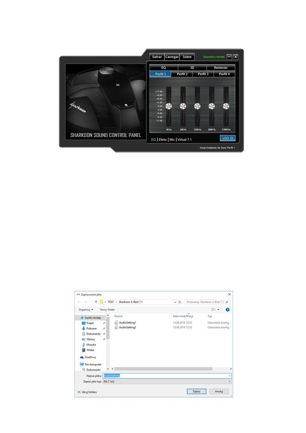 A D B C E F I A Salvar, Carregar, Sobre E Reiniciar I Microfone B Dispositivo Ativado/Desativado F Perfil 1-4 Efeitos C EQ (on/off) LED EQ D 3D (on/off) Virtual 7.