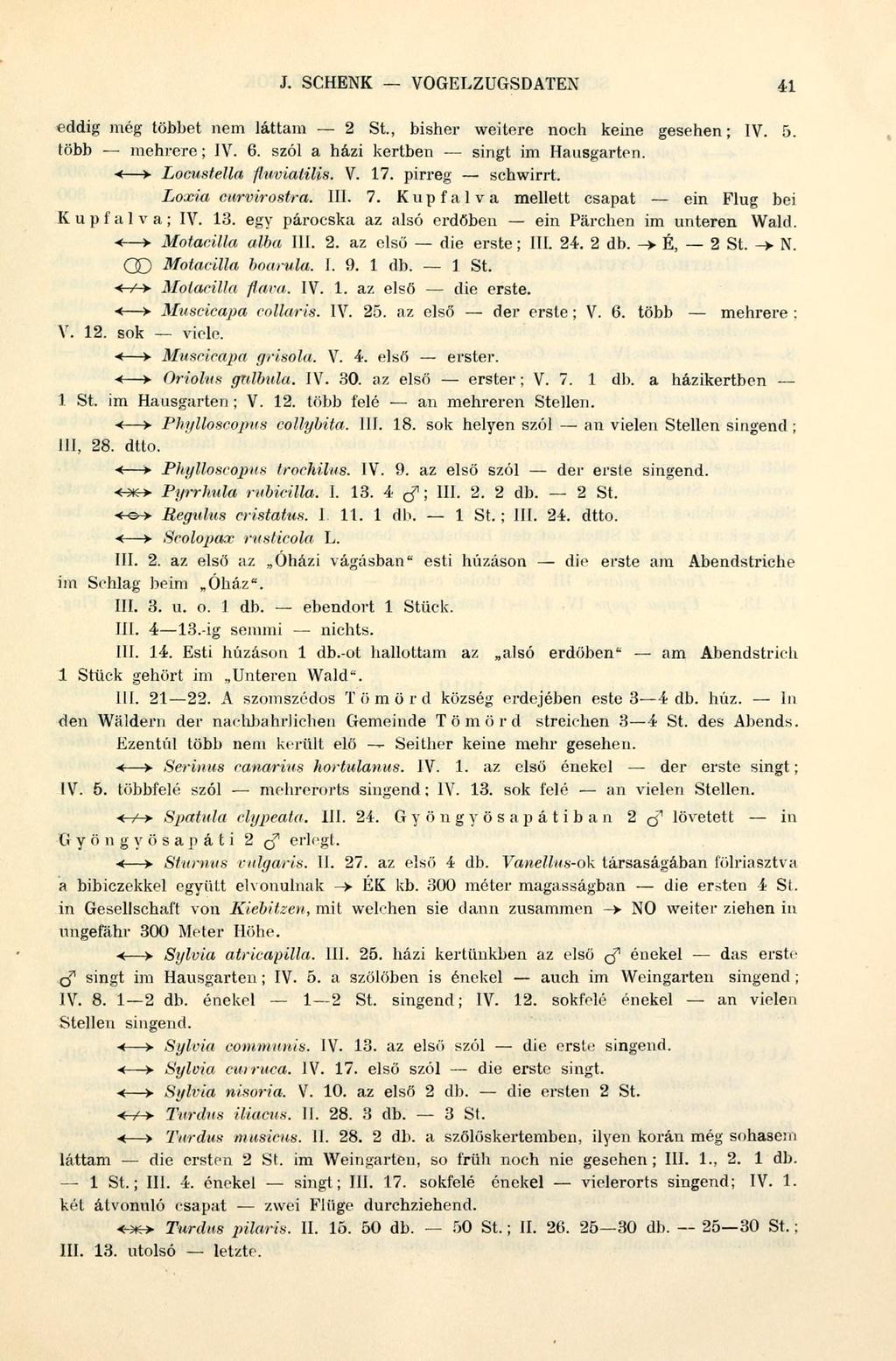 J. SCHENK VOGELZUGSDATEN 41 eddig még többet nem láttam 2 St., bisher weitere noch keine gesehen; IV. 5. több mehrere; IV. 6. szól a házi kertben singt im Hausgarten. -< > Locustella fluvialilis. V. 17.