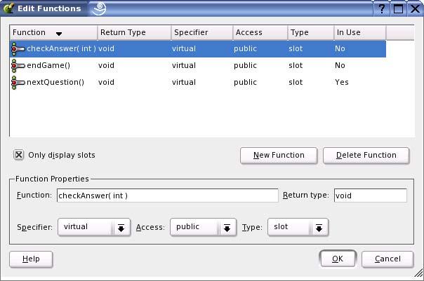 Saját slotok beillesztése - Edit/Slots Function: CheckAnswer(int) Return Type: void Specifier: virtual Function: endgame() Access: