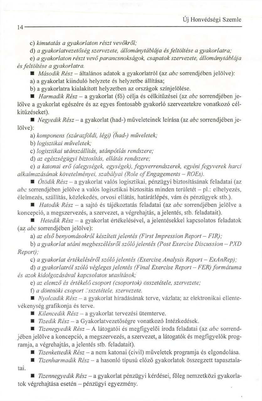 14 c) kimutatás a gyakorlaton részt vevőkről; d) a gyakorlatvezetőség szervezete, állománytáblája és feltöltése a gyakorlatra; e) a gyakorlaton részt vevő parancsnokságok, csapatok szervezete,