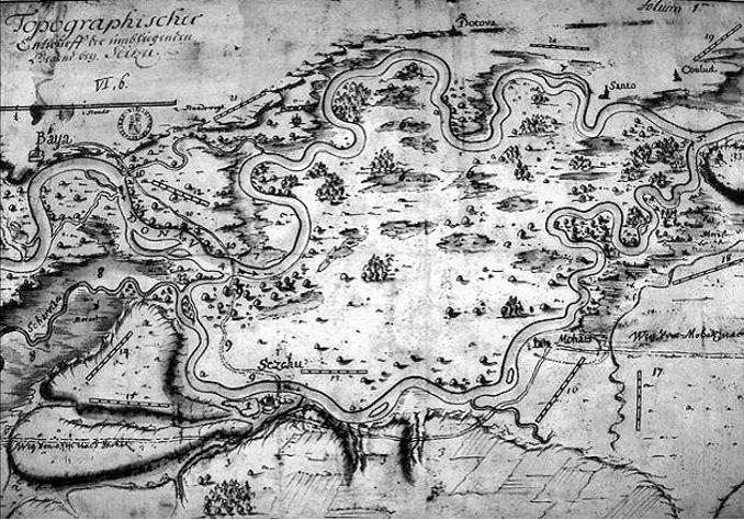34 Konkoly Sándor Képmelléklet 1. ábra. A Mohácsi-sziget 1685 körüli ábrázolása.