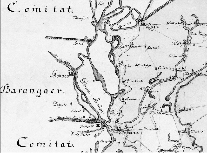 38 Konkoly Sándor 7. ábra. Fischer (1785) térképén a Mohácsi-sziget két részre tagolódik.