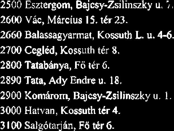 2500 Esztergom, Bajcsy-Zsilinszky u. ;, 2600 Vic, M6rcius IS. th 23. Ui60 Balassagyarmat, Kossuth L U. 44. 2700 Cqld, Kossuth ter 8.